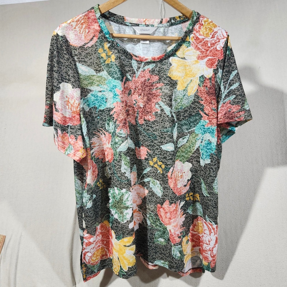 CJ Banks Womens 2X Floral Print Short Sleeve Crew Neck Top Multicolor Plus Size